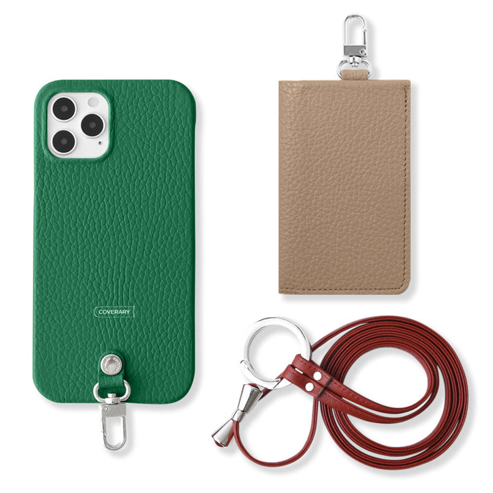 Genuine leather Italian shrink leather 3-piece set B with card case & ring shoulder strap (with metal fittings) back case for Google Pixel series