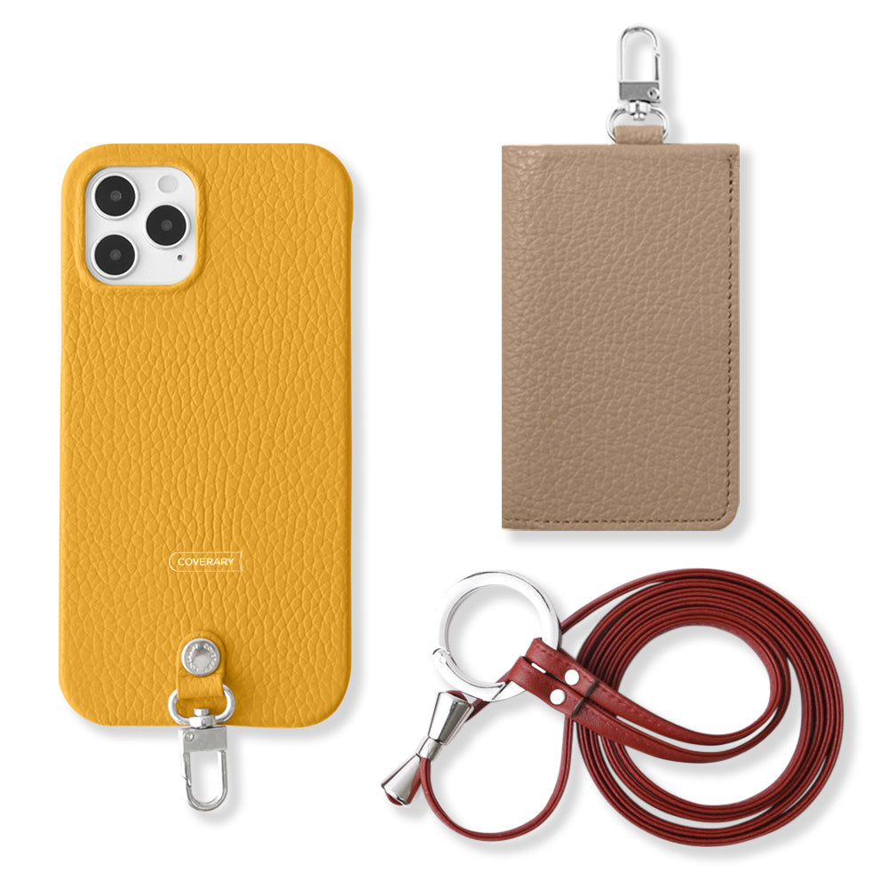 Ensemble de 3 pièces en cuir véritable italien à grain rétréci B avec porte-cartes et bandoulière à anneau (avec ferrures) pour coque arrière de la série Xperia