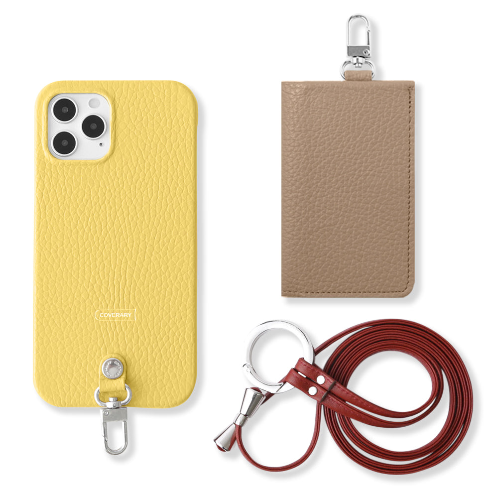 Genuine leather Italian shrink leather 3-piece set B with card case & ring shoulder strap (with metal fittings) attached back case for iPhone series