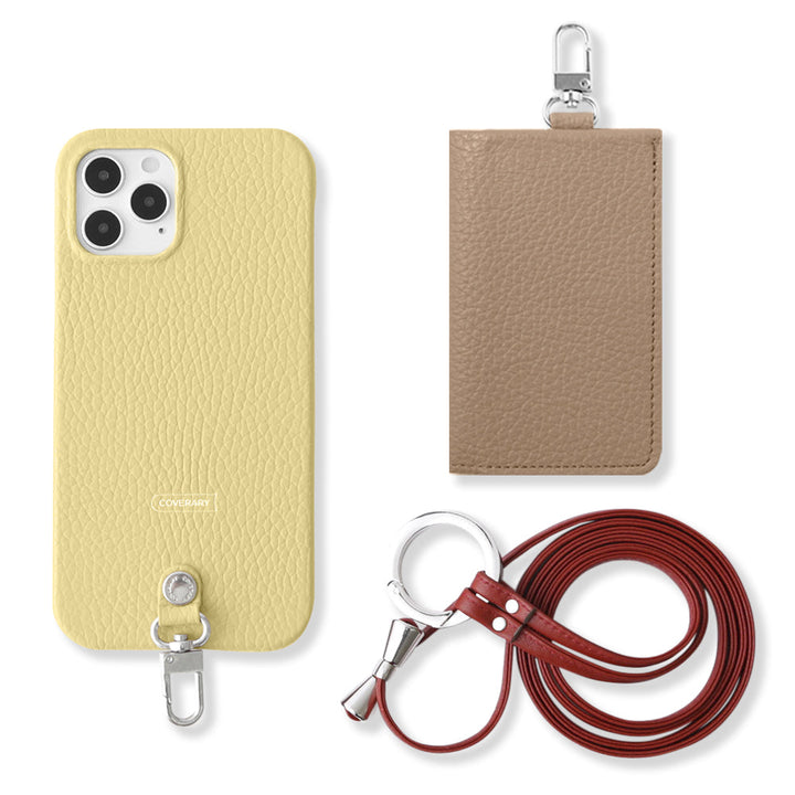 Ensemble de 3 pièces en cuir véritable italien à grain rétréci B avec porte-cartes et bandoulière à anneau (avec ferrures) pour coque arrière de la série Xperia
