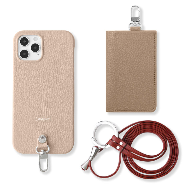 Genuine leather Italian shrink leather 3-piece set B with card case & ring shoulder strap (with metal fittings) back case for Google Pixel series