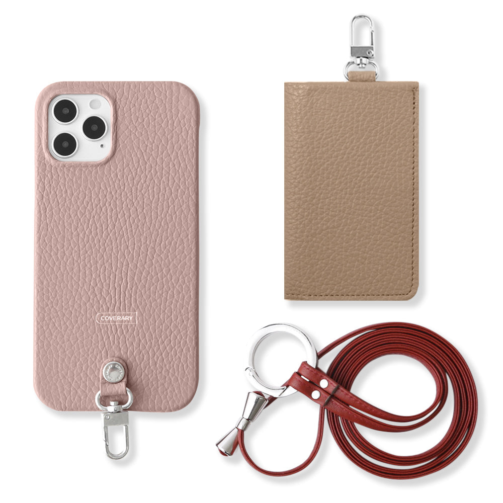 Ensemble de 3 pièces en cuir véritable italien à grain rétréci B avec porte-cartes et bandoulière à anneau (avec ferrures) pour coque arrière de la série Xperia