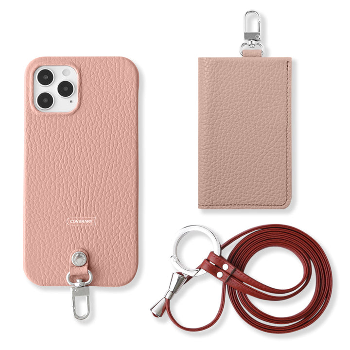 Ensemble de 3 pièces en cuir italien grainé véritable B avec porte-cartes et bandoulière à anneau (avec ferrures) pour coque arrière série AQUOS