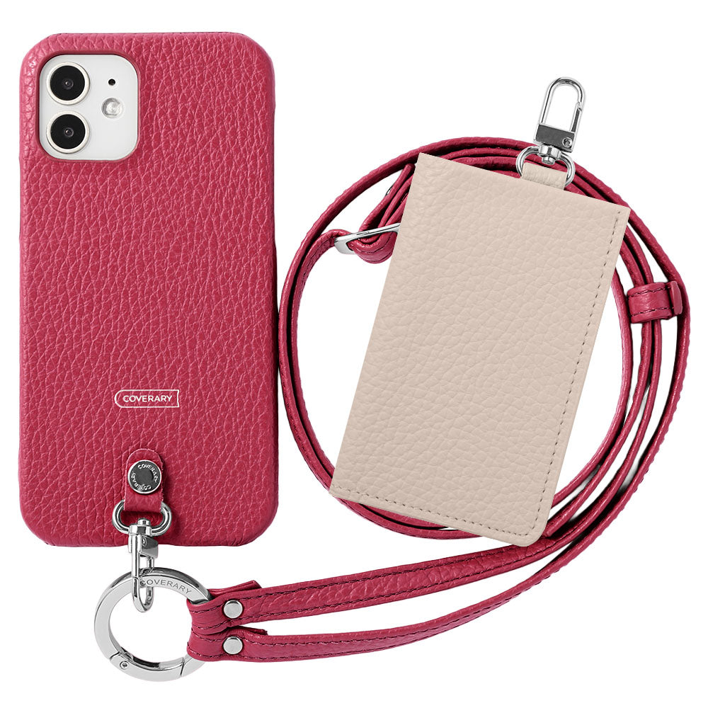 Genuine leather Italian shrink leather 3-piece set B with card case &amp; ring shoulder strap (with metal fittings) attached back case for AQUOS series
