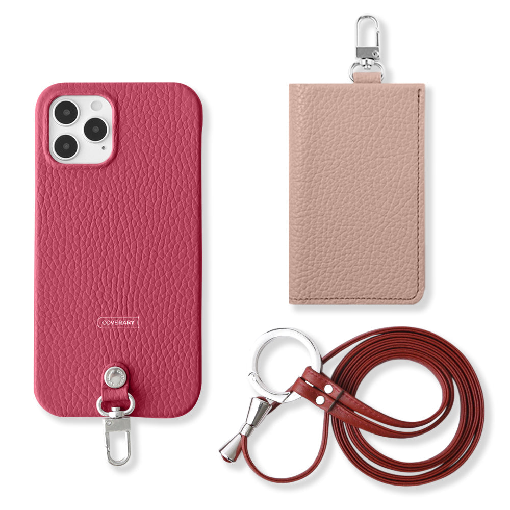 Genuine leather Italian shrink leather 3-piece set B with card case & ring shoulder strap (with metal fittings) back case for Google Pixel series