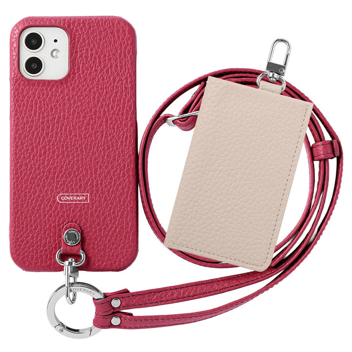 Genuine leather Italian shrink leather 3-piece set B with card case &amp; ring shoulder strap (with metal fittings) attached back case for Xperia series