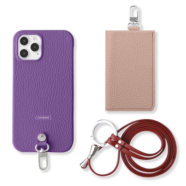 Ensemble de 3 pièces en cuir italien grainé véritable B avec porte-cartes et bandoulière à anneau (avec ferrures) pour coque arrière Galaxy série