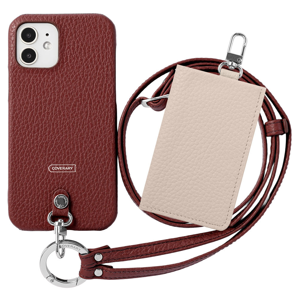Genuine leather Italian shrink leather 3-piece set B with card case &amp; ring shoulder strap (with metal fittings) attached back case for AQUOS series