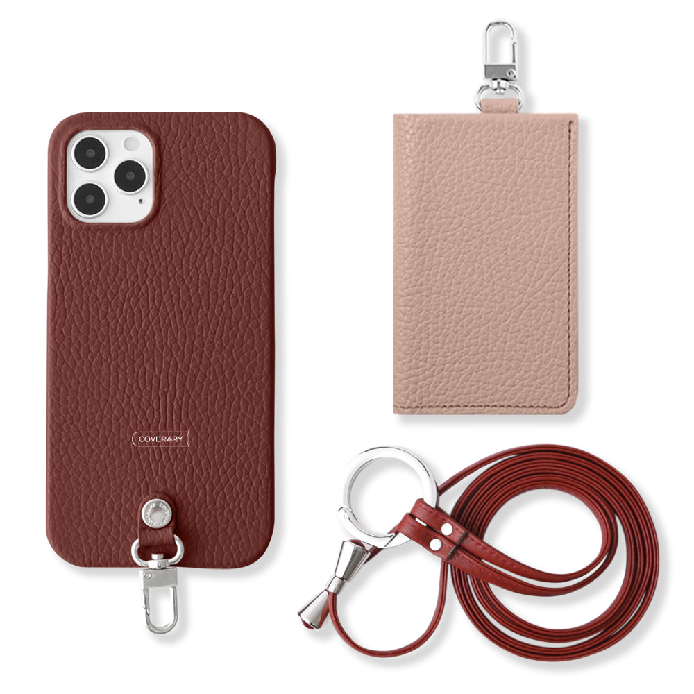 Genuine leather Italian shrink leather 3-piece set B with card case & ring shoulder strap (with metal fittings) back case for Google Pixel series