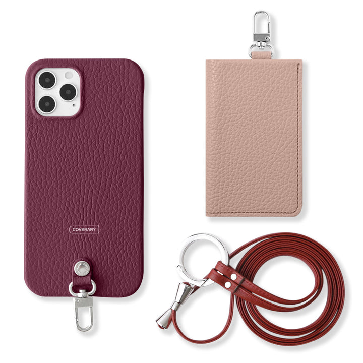 Genuine leather Italian shrink leather 3-piece set B with card case & ring shoulder strap (with metal fittings) attached back case for iPhone series