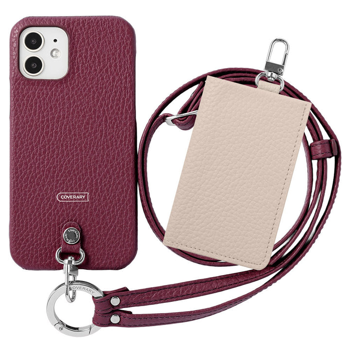 Genuine leather Italian shrink leather 3-piece set B with card case &amp; ring shoulder strap (with metal fittings) attached back case for AQUOS series
