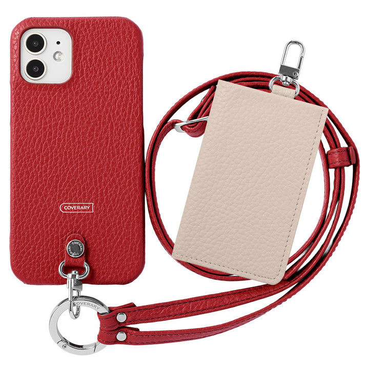 Genuine leather Italian shrink leather 3-piece set B with card case &amp; ring shoulder strap (with metal fittings) attached back case for AQUOS series