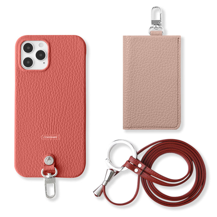 Ensemble de 3 pièces en cuir italien grainé véritable B avec porte-cartes et bandoulière à anneau (avec ferrures) pour coque arrière Galaxy série