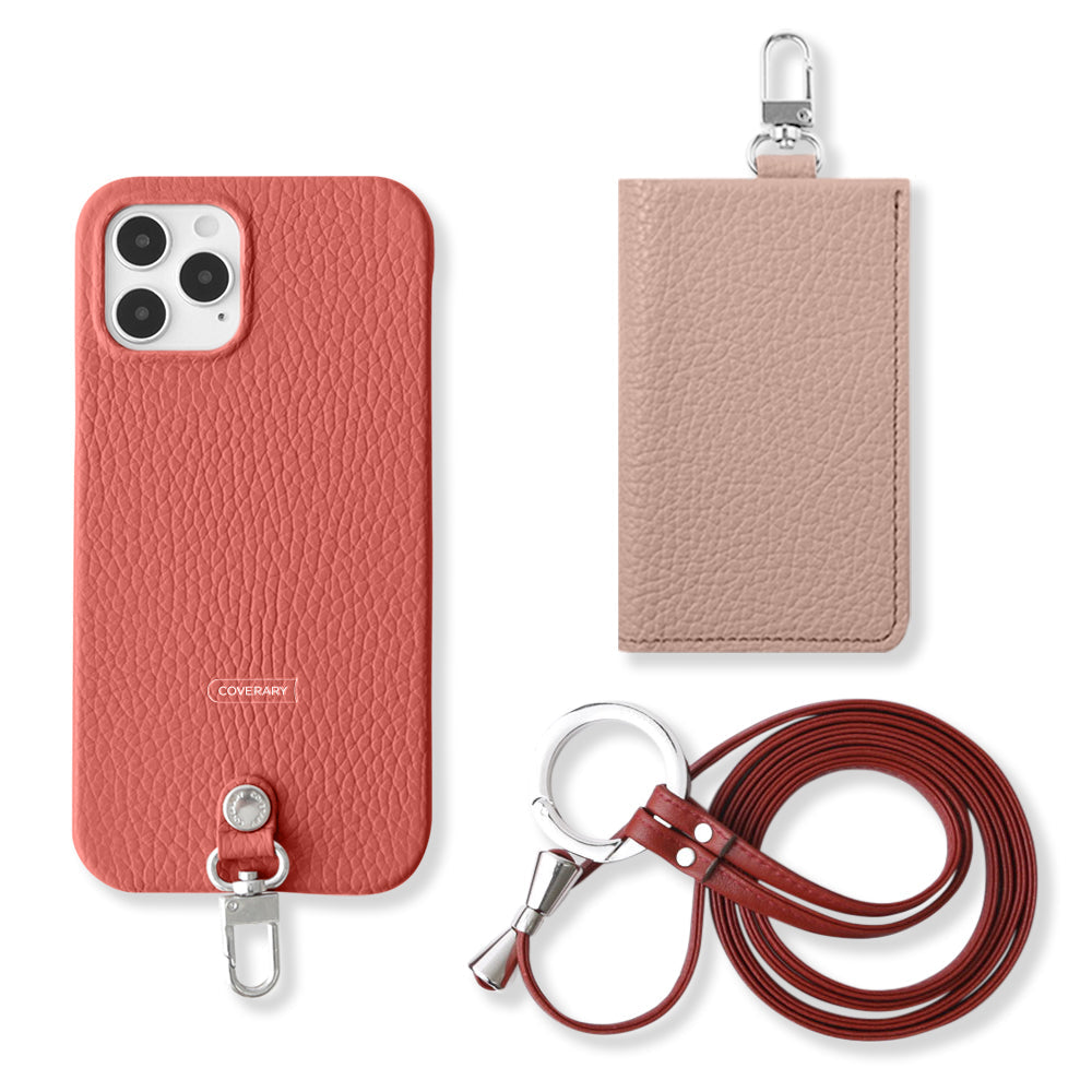 Ensemble de 3 pièces en cuir véritable italien à grain rétréci B avec porte-cartes et bandoulière à anneau (avec ferrures) pour coque arrière de la série Xperia