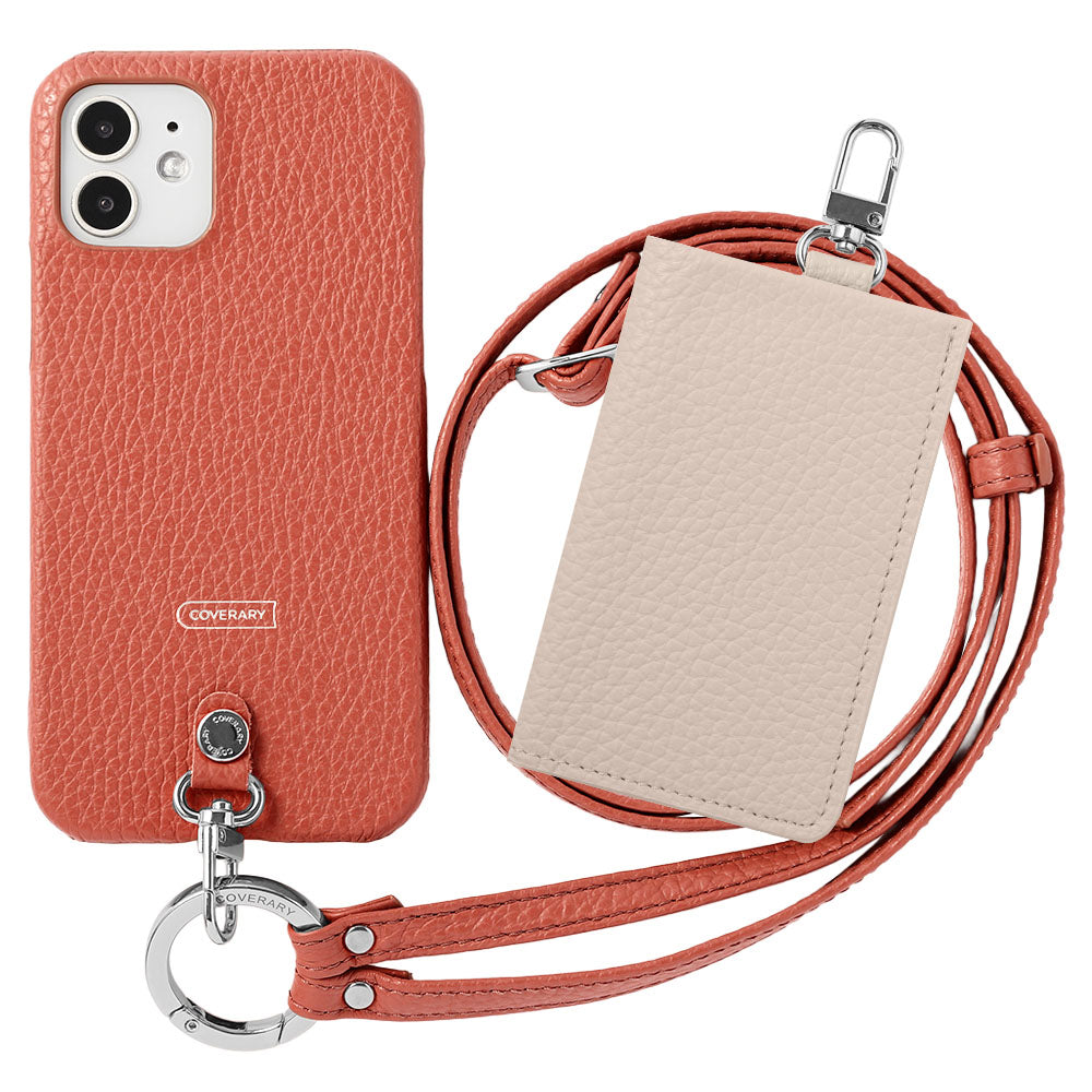 Genuine leather Italian shrink leather 3-piece set B with card case &amp; ring shoulder strap (with metal fittings) attached back case for AQUOS series