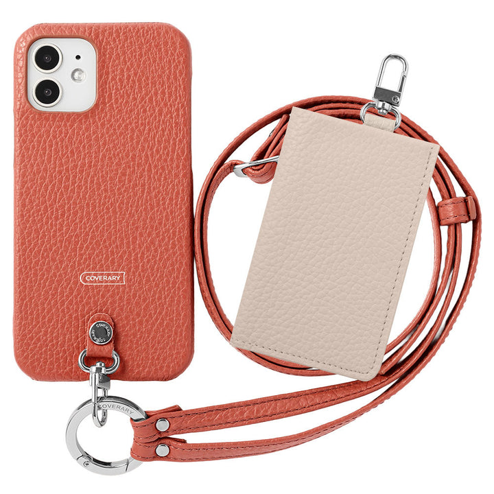 Genuine leather Italian shrink leather 3-piece set B with card case &amp; ring shoulder strap (with metal fittings) attached back case for AQUOS series