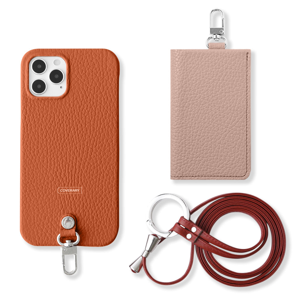 Ensemble de 3 pièces en cuir italien grainé véritable B avec porte-cartes et bandoulière à anneau (avec ferrures) pour coque arrière série AQUOS