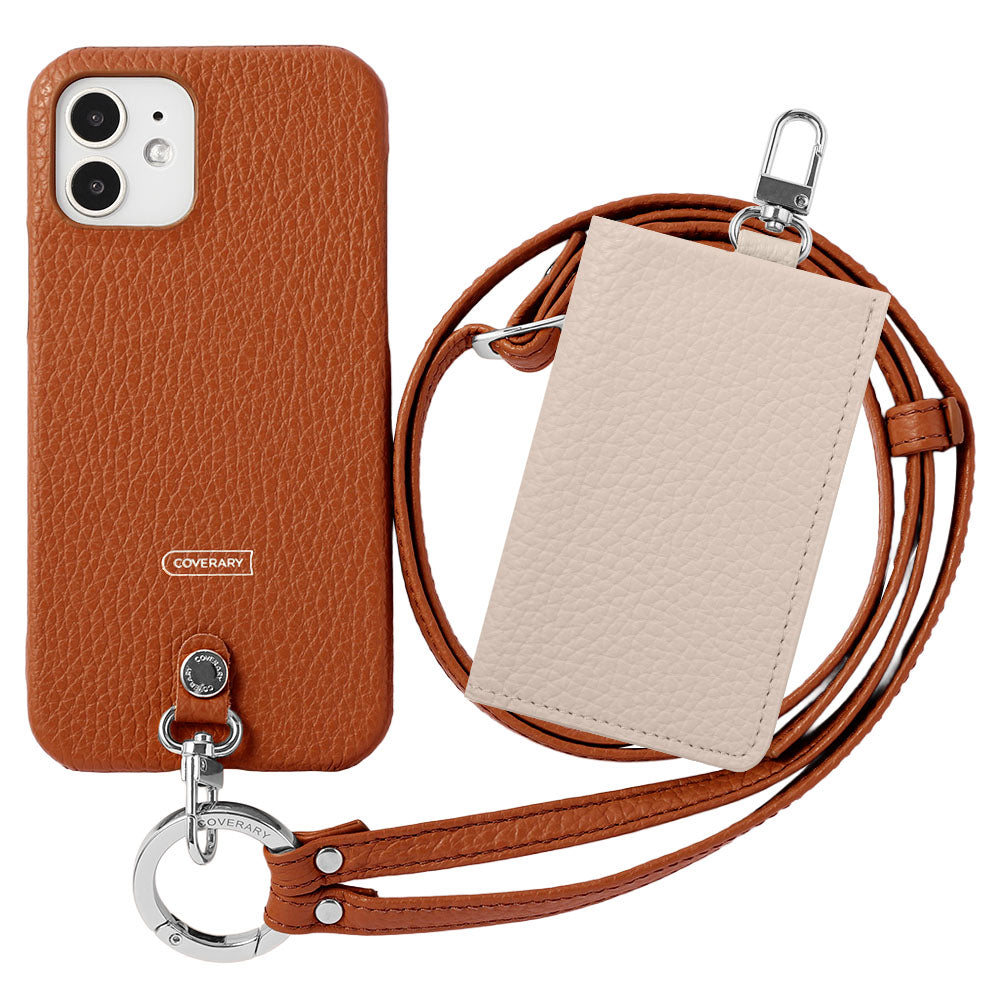 Genuine leather Italian shrink leather 3-piece set B with card case &amp; ring shoulder strap (with metal fittings) attached back case for AQUOS series
