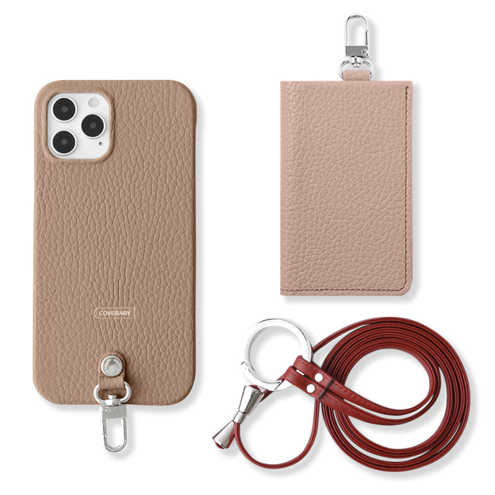 Genuine leather Italian shrink leather 3-piece set B with card case & ring shoulder strap (with metal fittings) back case for Google Pixel series