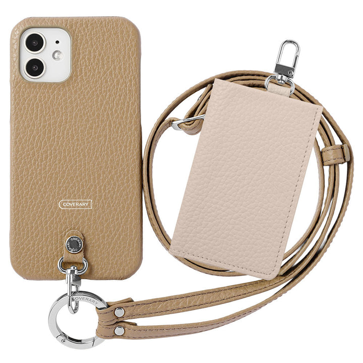 Genuine leather Italian shrink leather 3-piece set B with card case &amp; ring shoulder strap (with metal fittings) attached back case for AQUOS series