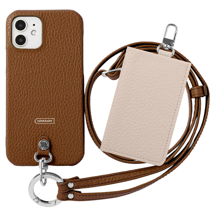 Genuine leather Italian shrink leather 3-piece set B with card case &amp; ring shoulder strap (with metal fittings) attached back case for AQUOS series