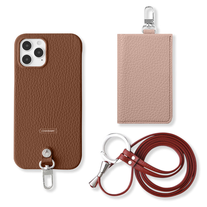 Ensemble de 3 pièces en cuir véritable italien à grain rétréci B avec porte-cartes et bandoulière à anneau (avec ferrures) pour coque arrière de la série Xperia