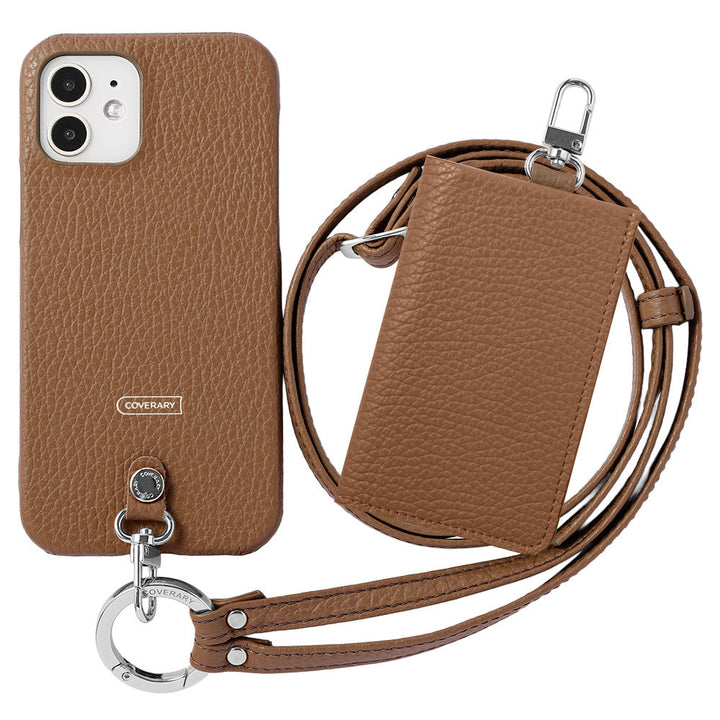 Genuine leather Italian shrink leather 3-piece set B with card case &amp; ring shoulder strap (with metal fittings) attached back case for AQUOS series