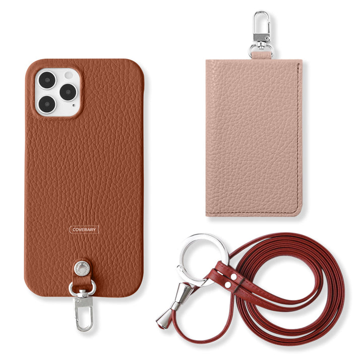 Ensemble de 3 pièces en cuir italien grainé véritable B avec porte-cartes et bandoulière à anneau (avec ferrures) pour coque arrière série AQUOS