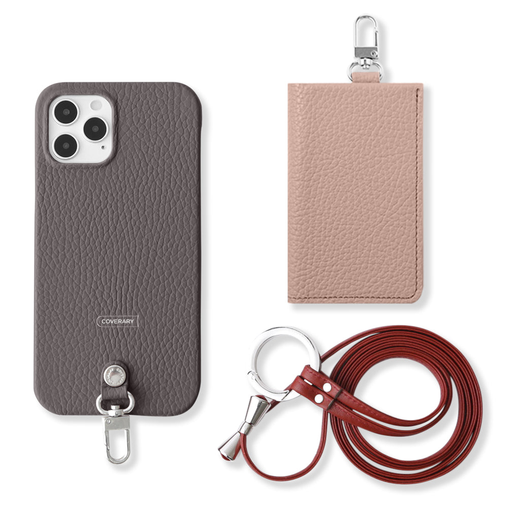 Ensemble de 3 pièces en cuir italien grainé véritable B avec porte-cartes et bandoulière à anneau (avec ferrures) pour coque arrière série AQUOS