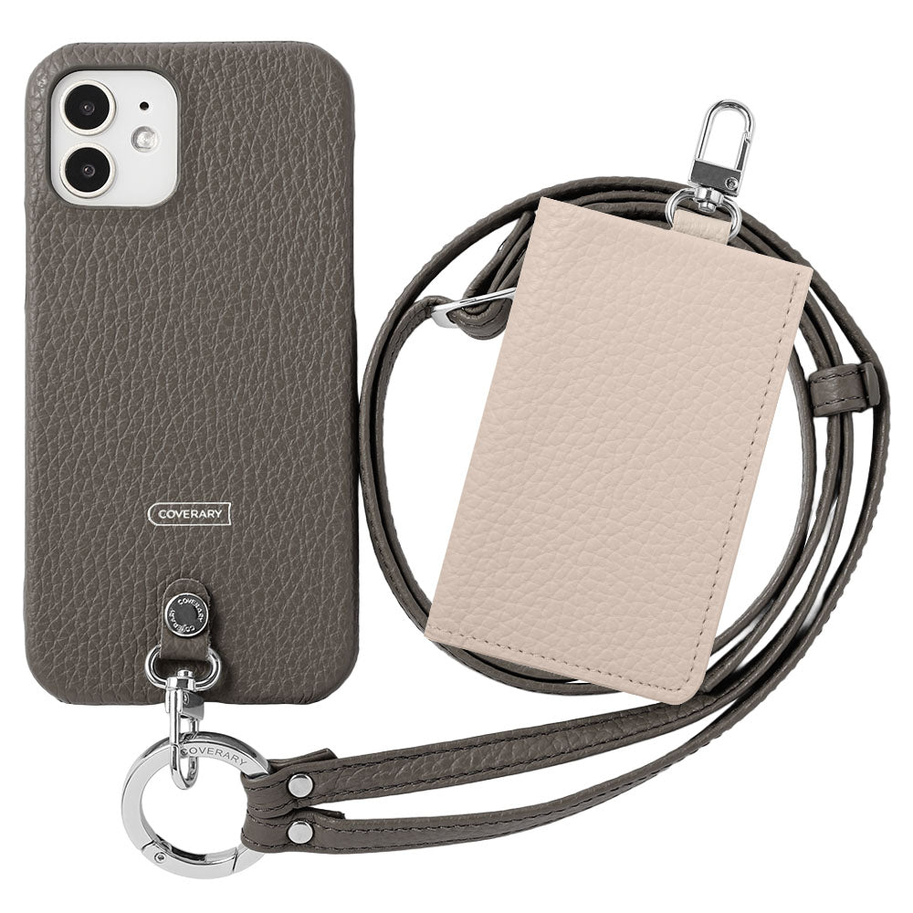 Genuine leather Italian shrink leather 3-piece set B with card case &amp; ring shoulder strap (with metal fittings) attached back case for AQUOS series