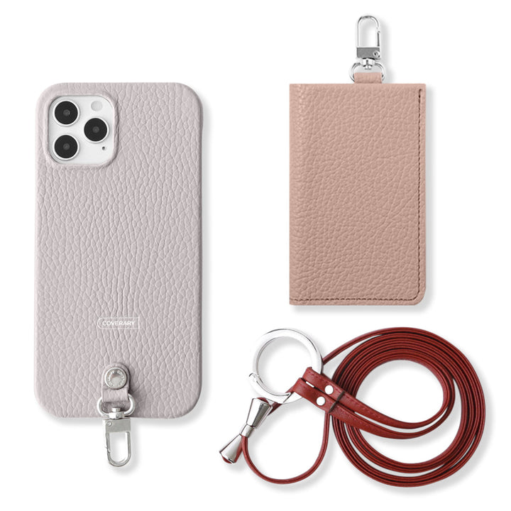 Ensemble de 3 pièces en cuir italien grainé véritable B avec porte-cartes et bandoulière à anneau (avec ferrures) pour coque arrière série AQUOS