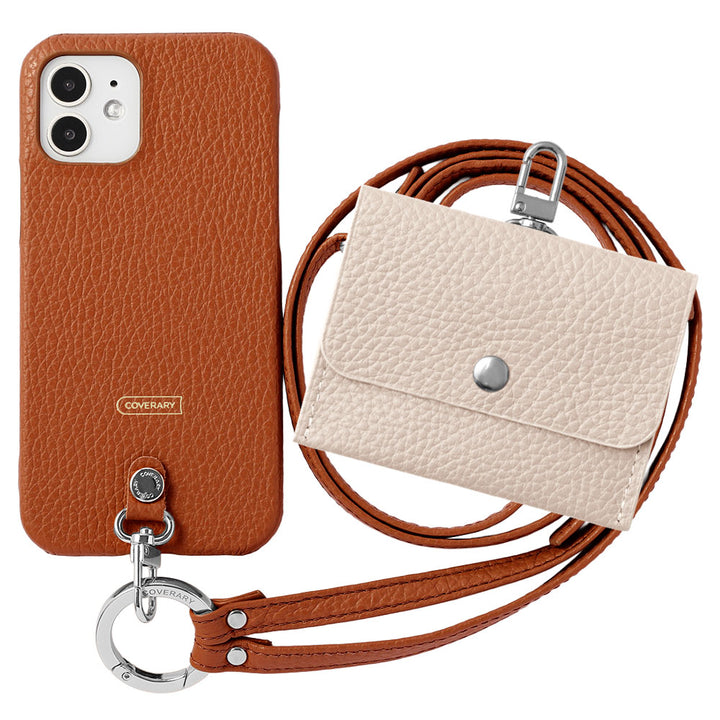 Genuine Leather Italian Shrink Leather 3-Piece Set A Earphone Case &amp; Ring Shoulder Strap Included Back Case