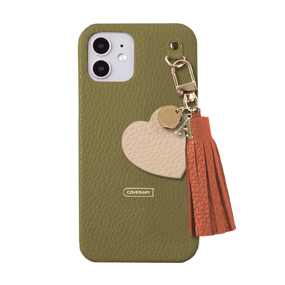 本革 32色 イタリアンシュリンクレザー タッセル付きモチーフイニシャルチャーム 背面ケース