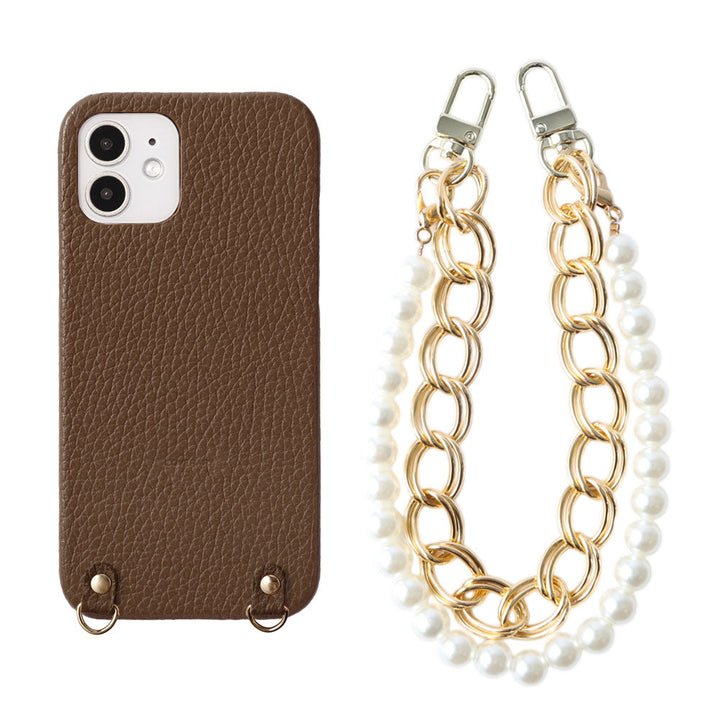 Genuine leather 32 colors Italian shrink leather with pearl chain hand strap back case for iPhone series