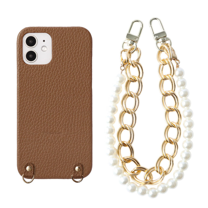 Genuine leather 32 colors Italian shrink leather with pearl chain hand strap back case for iPhone series