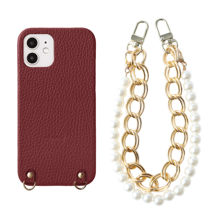 Genuine Leather 32 Colors Italian Shrink Leather with Pearl Chain Hand Strap Back Case