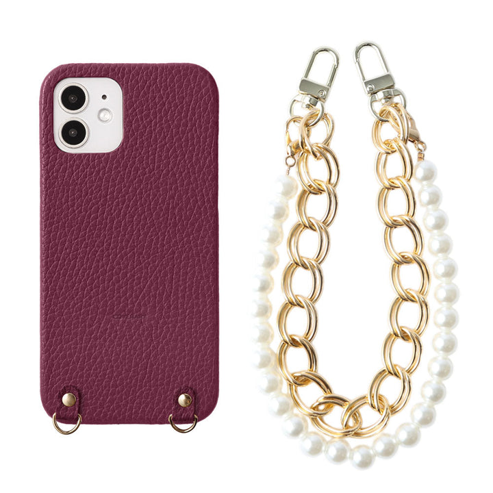 Genuine leather 32 colors Italian shrink leather with pearl chain hand strap back case for iPhone series