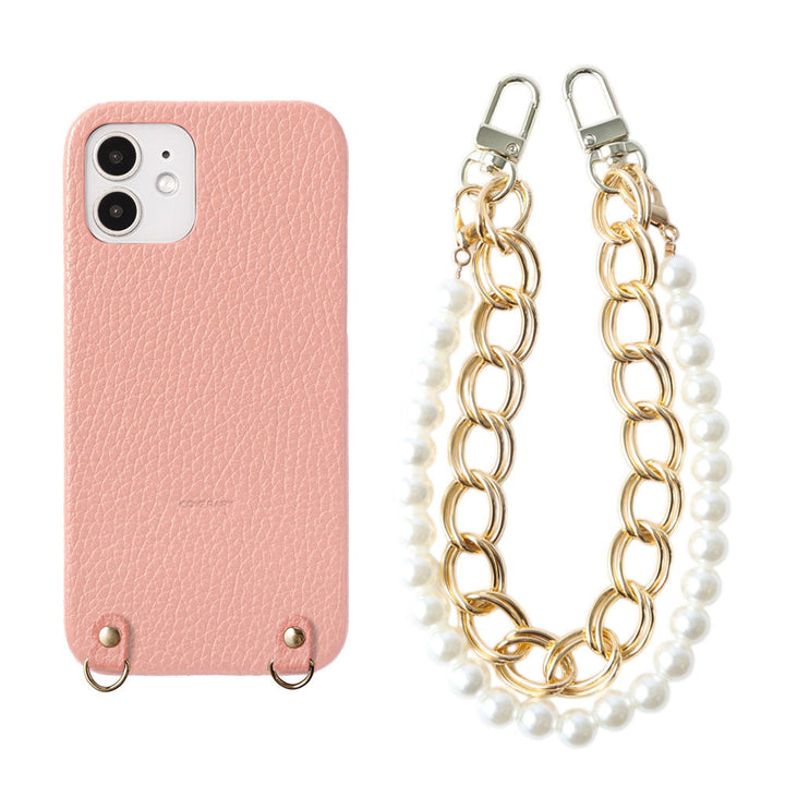 Genuine leather 32 colors Italian shrink leather with pearl chain hand strap back case for iPhone series
