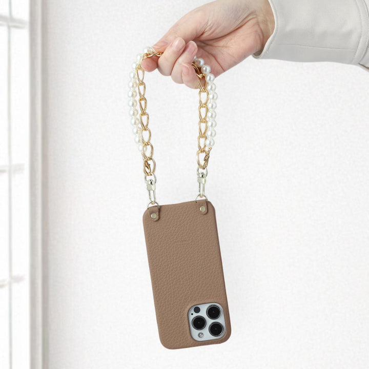Genuine leather 32 colors Italian shrink leather with pearl chain hand strap back case for iPhone series