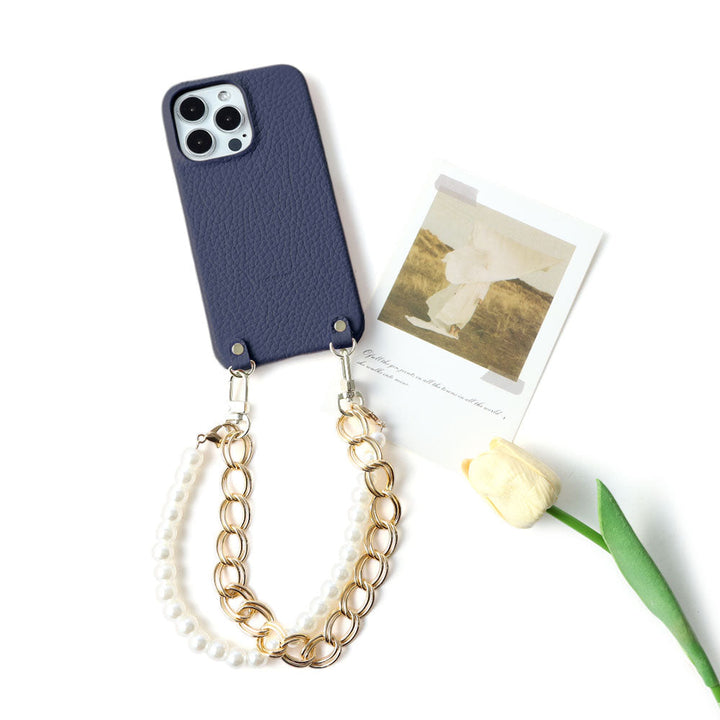 Genuine leather 32 colors Italian shrink leather with pearl chain hand strap back case for iPhone series