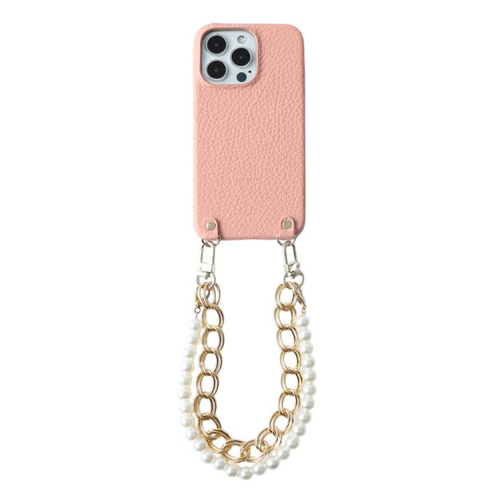 Genuine leather 32 colors Italian shrink leather with pearl chain hand strap back case for iPhone series