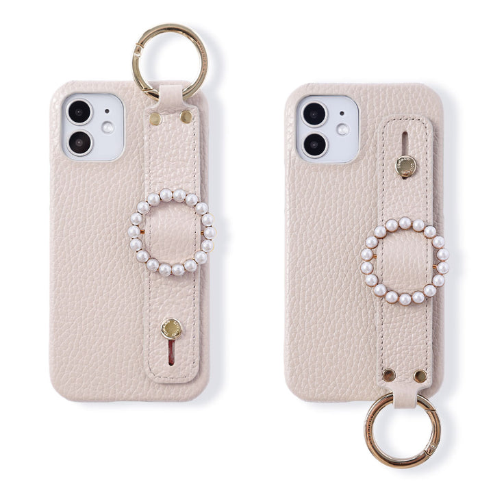 本革 32色 イタリアンシュリンクレザー パールバックル ハンドベルト付き 背面ケース iPhoneシリーズ