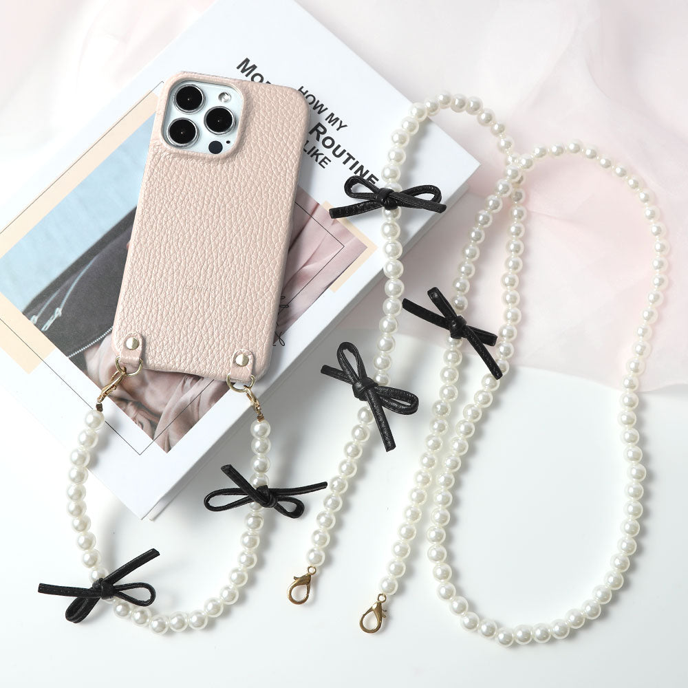 本革 32色 イタリアンシュリンクレザー レザーリボン パールショート＆ショルダーストラップ 背面ケース iPhoneシリーズ