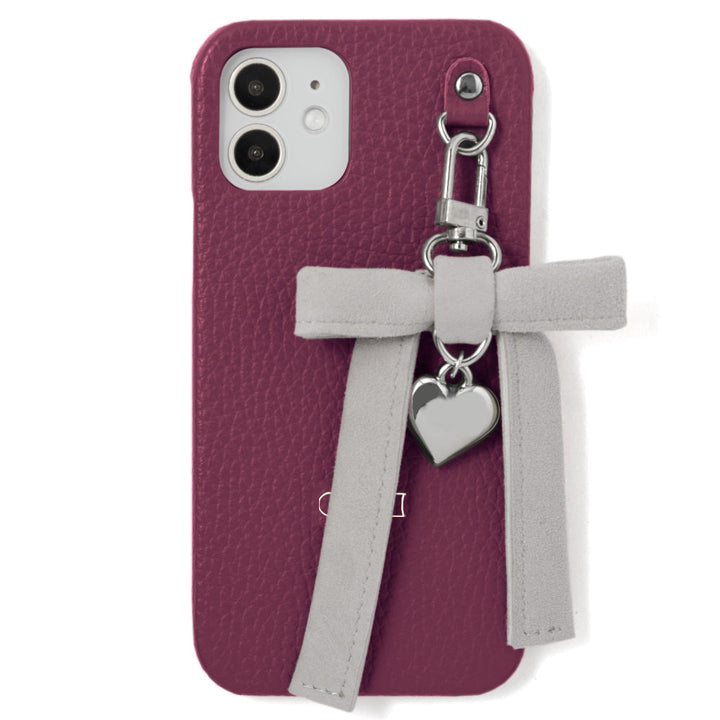Genuine leather 32 colors Italian shrink leather heart ribbon charm back case iPhone series