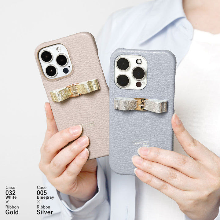 Genuine leather 32 colors Italian shrink leather shiny ribbon decoration back case iPhone series