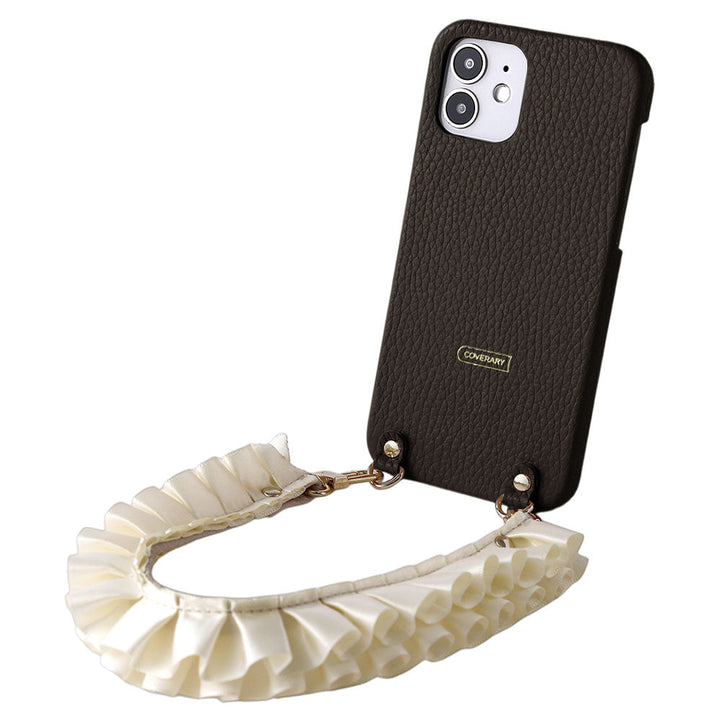 本革 32色 イタリアンシュリンクレザー サテンフリルショートストラップ付き 背面ケース iPhoneシリーズ