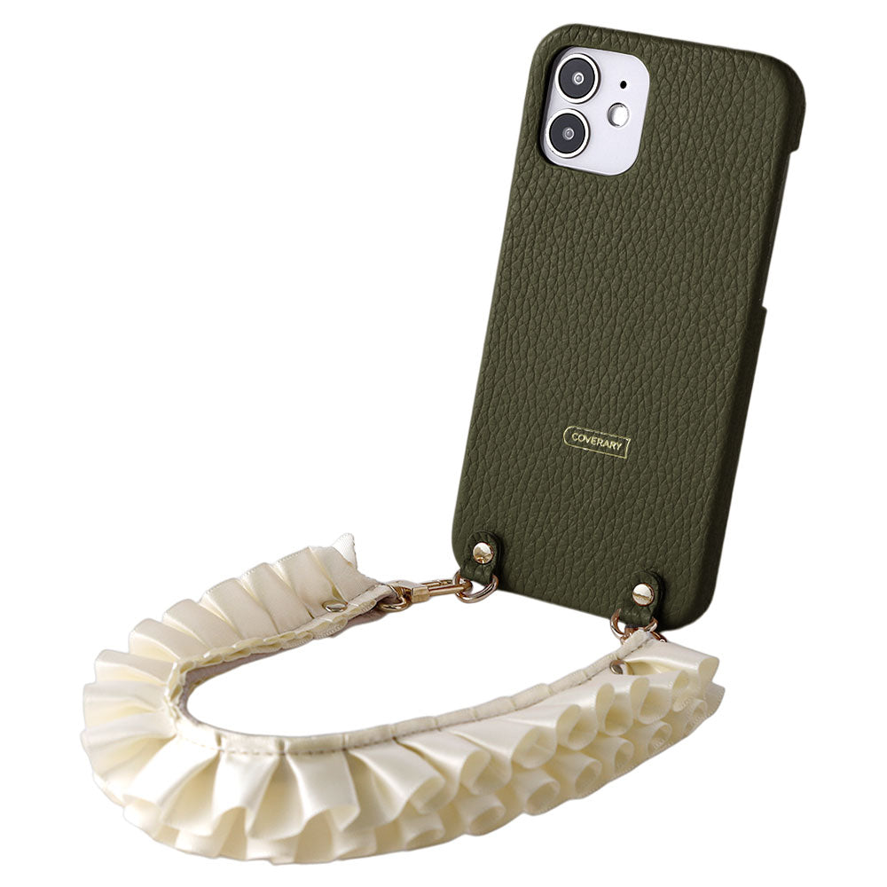 本革 32色 イタリアンシュリンクレザー サテンフリルショートストラップ付き 背面ケース iPhoneシリーズ