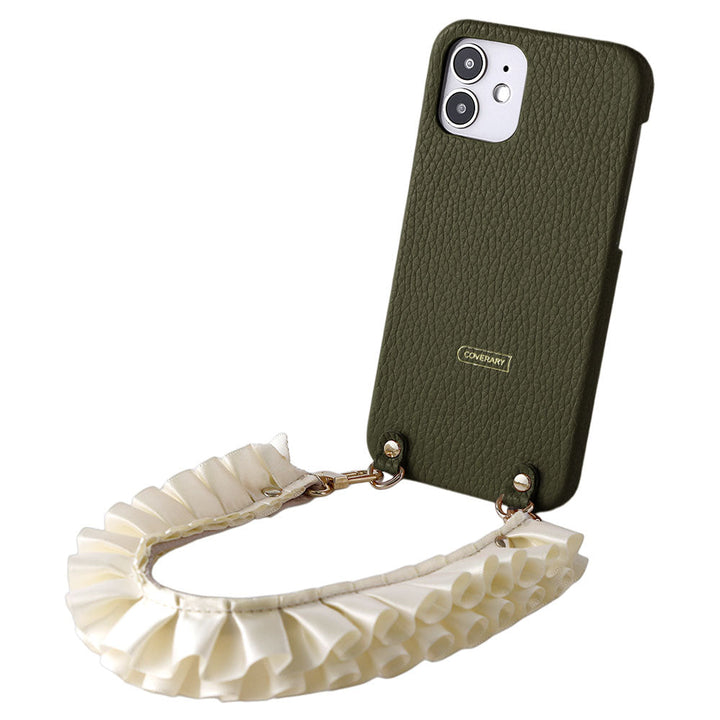 本革 32色 イタリアンシュリンクレザー サテンフリルショートストラップ付き 背面ケース iPhoneシリーズ