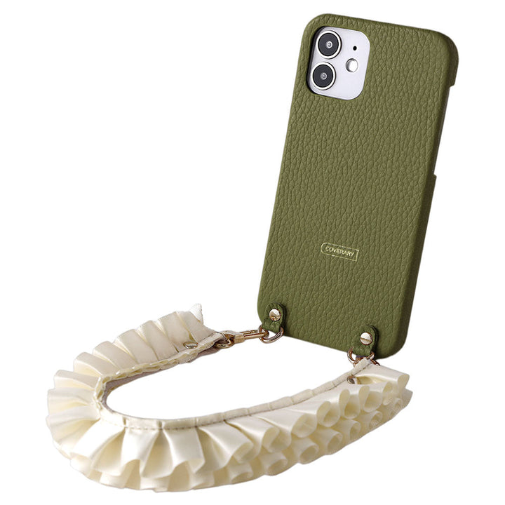 本革 32色 イタリアンシュリンクレザー サテンフリルショートストラップ付き 背面ケース iPhoneシリーズ