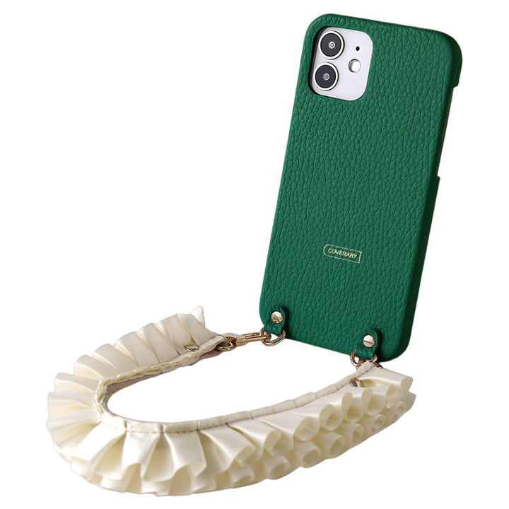 本革 32色 イタリアンシュリンクレザー サテンフリルショートストラップ付き 背面ケース iPhoneシリーズ